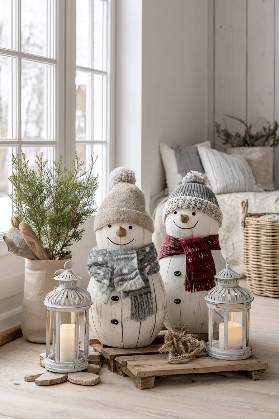 Zwei dekorative Schneemänner aus Palettenholz stehen auf einem Holzbrett in einem gemütlichen Raum, begleitet von Laternen und einem kleinen Baum.
