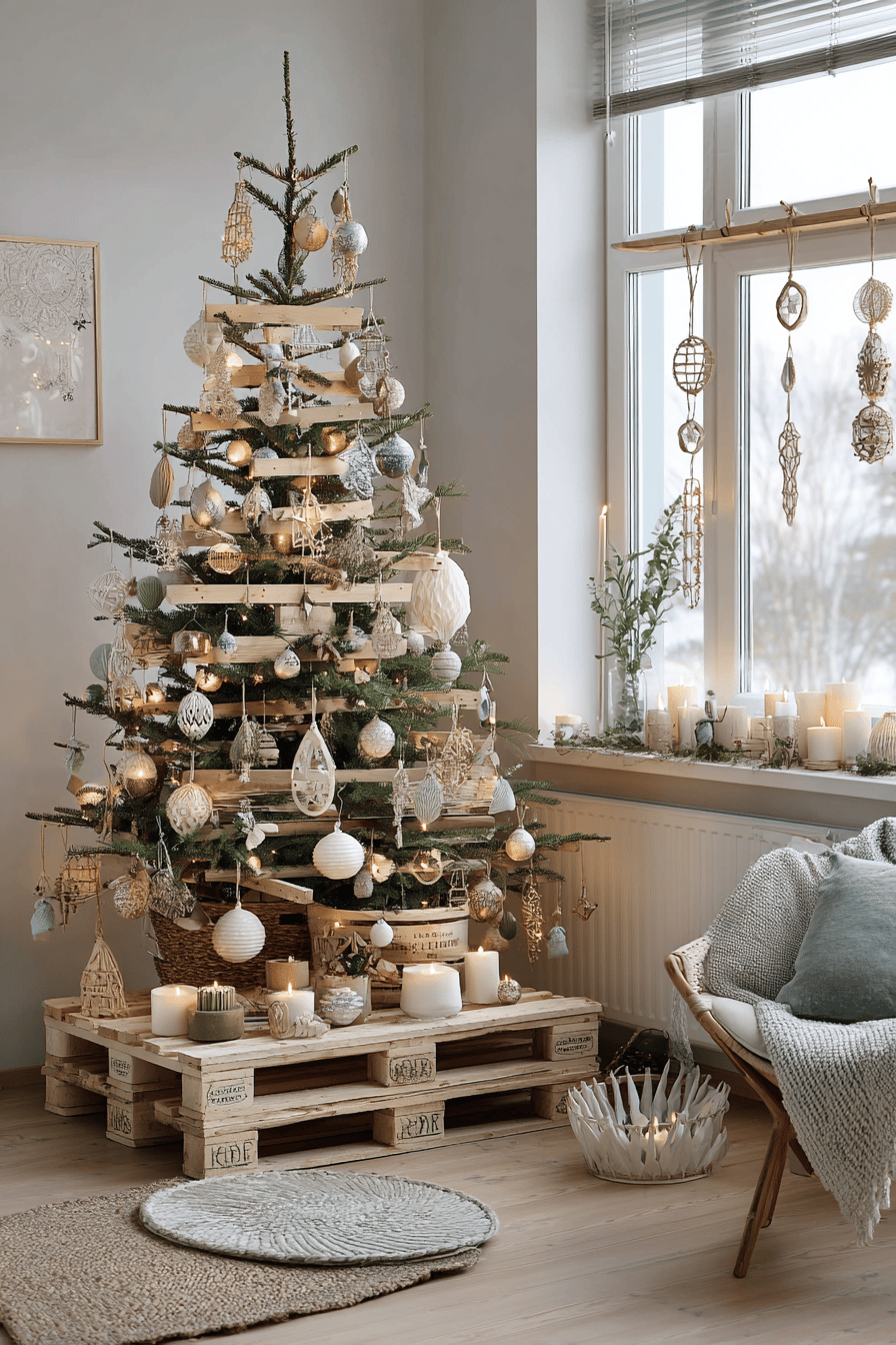 Ein kreativ geschmückter Weihnachtsbaum aus Paletten in einem gemütlich dekorierten Raum.
