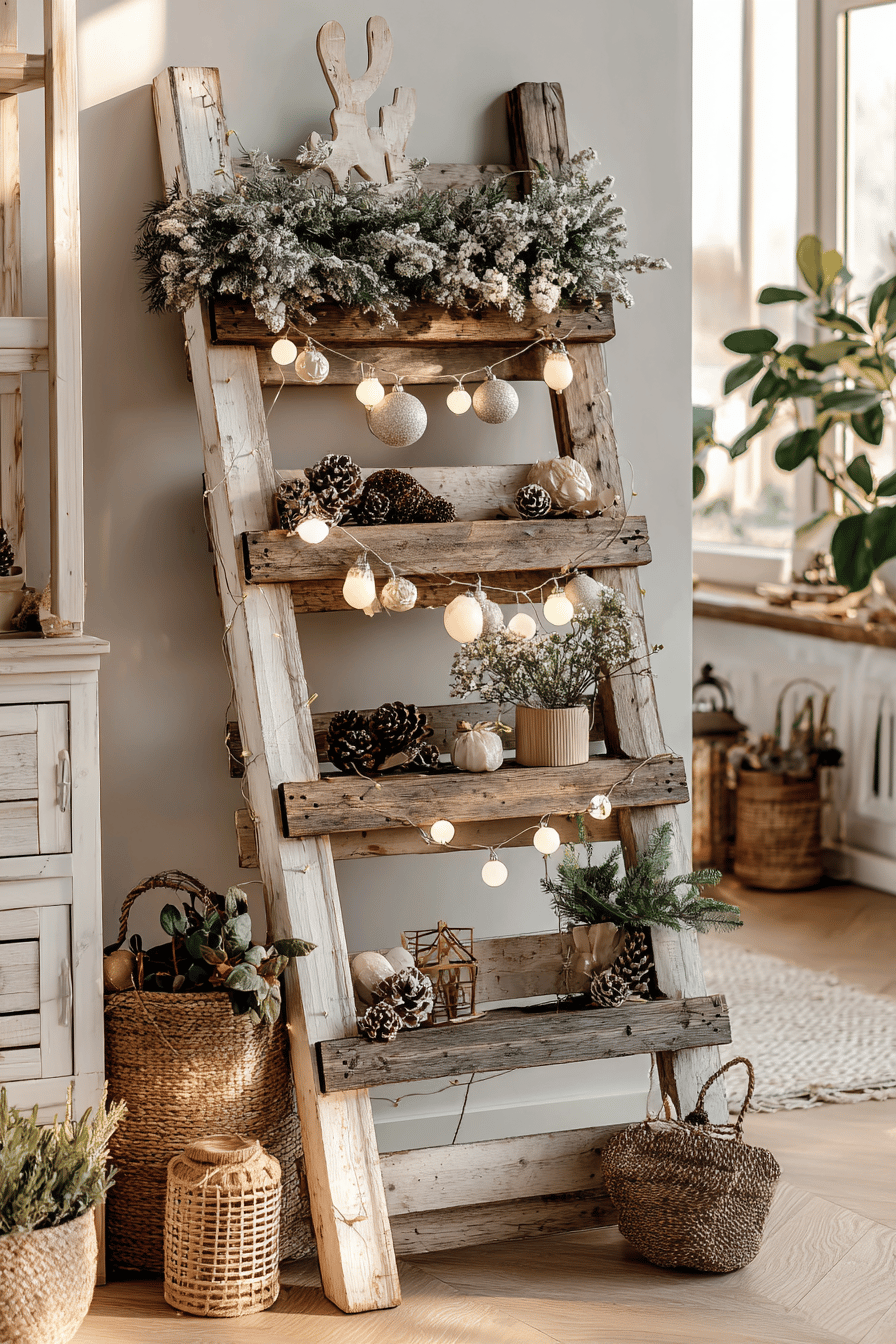 Holzleiter aus Paletten geschmückt mit Weihnachtsdekoration und Lichterketten.