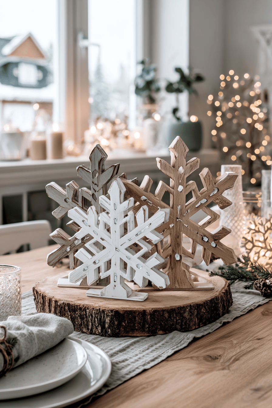Verschiedene Schneeflocken aus Palettenholz als weihnachtliche Tischdekoration.