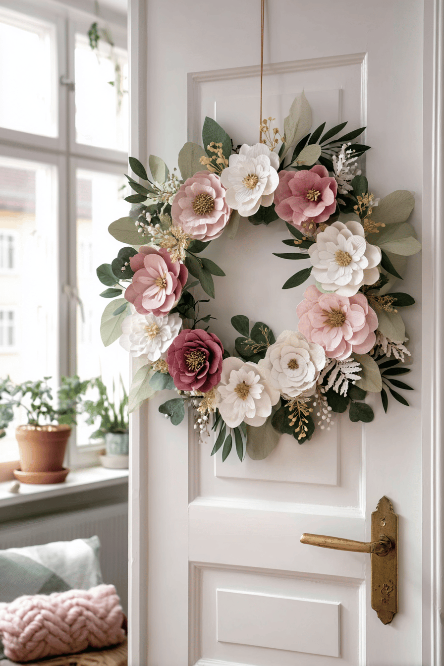Ein festlicher Papierblumenkranz in rosa und weißen Tönen, der an einer Tür hängt.