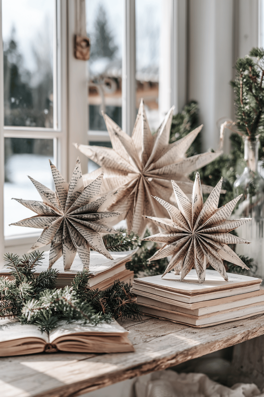 Papiersterne aus alten Buchseiten als Weihnachtsdekoration auf einem Tisch mit Büchern und Tannenzweigen.