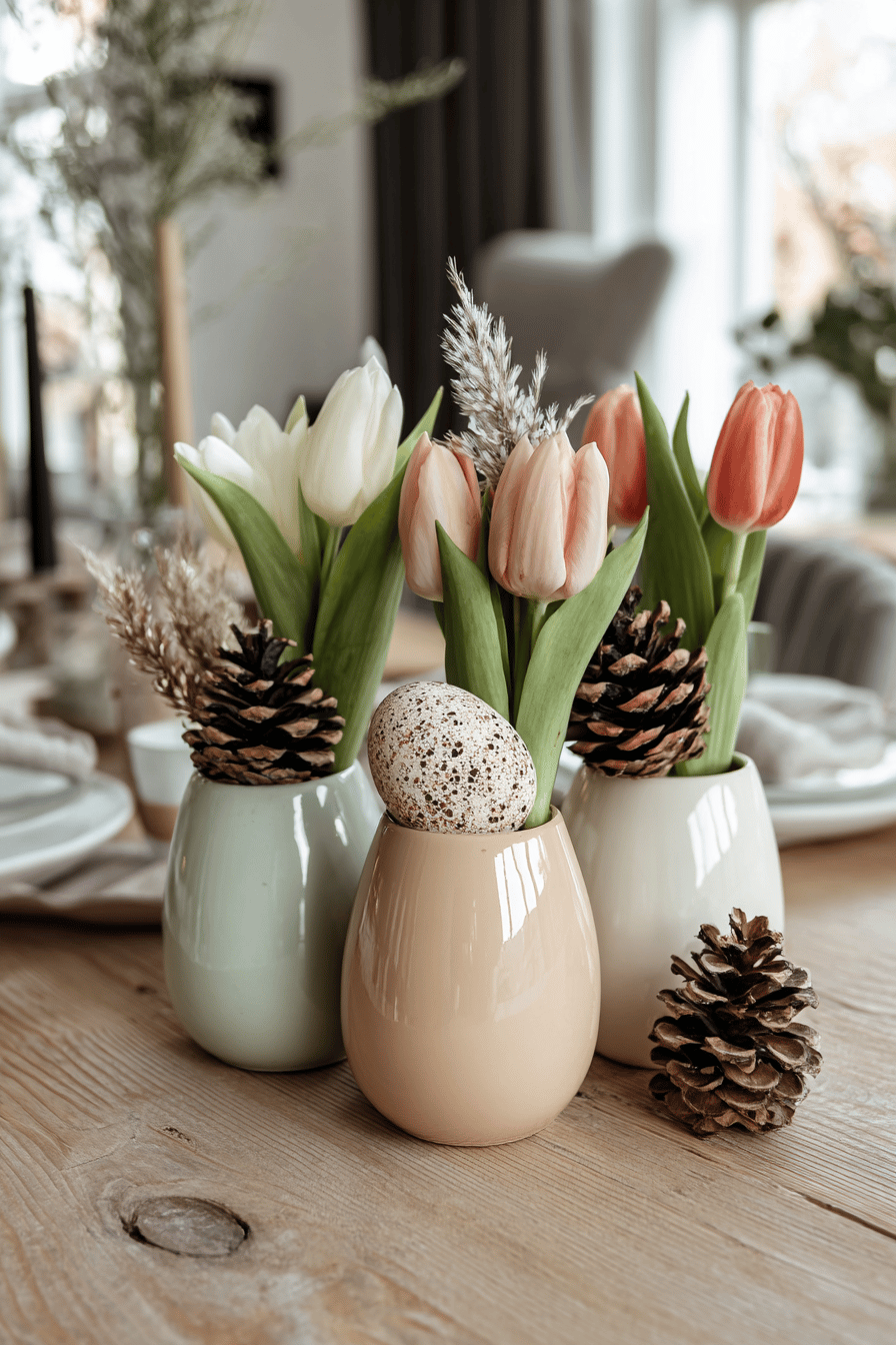 Pastellfarbene Tulpen in Keramikvasen mit Tannenzapfen und einem Ei.