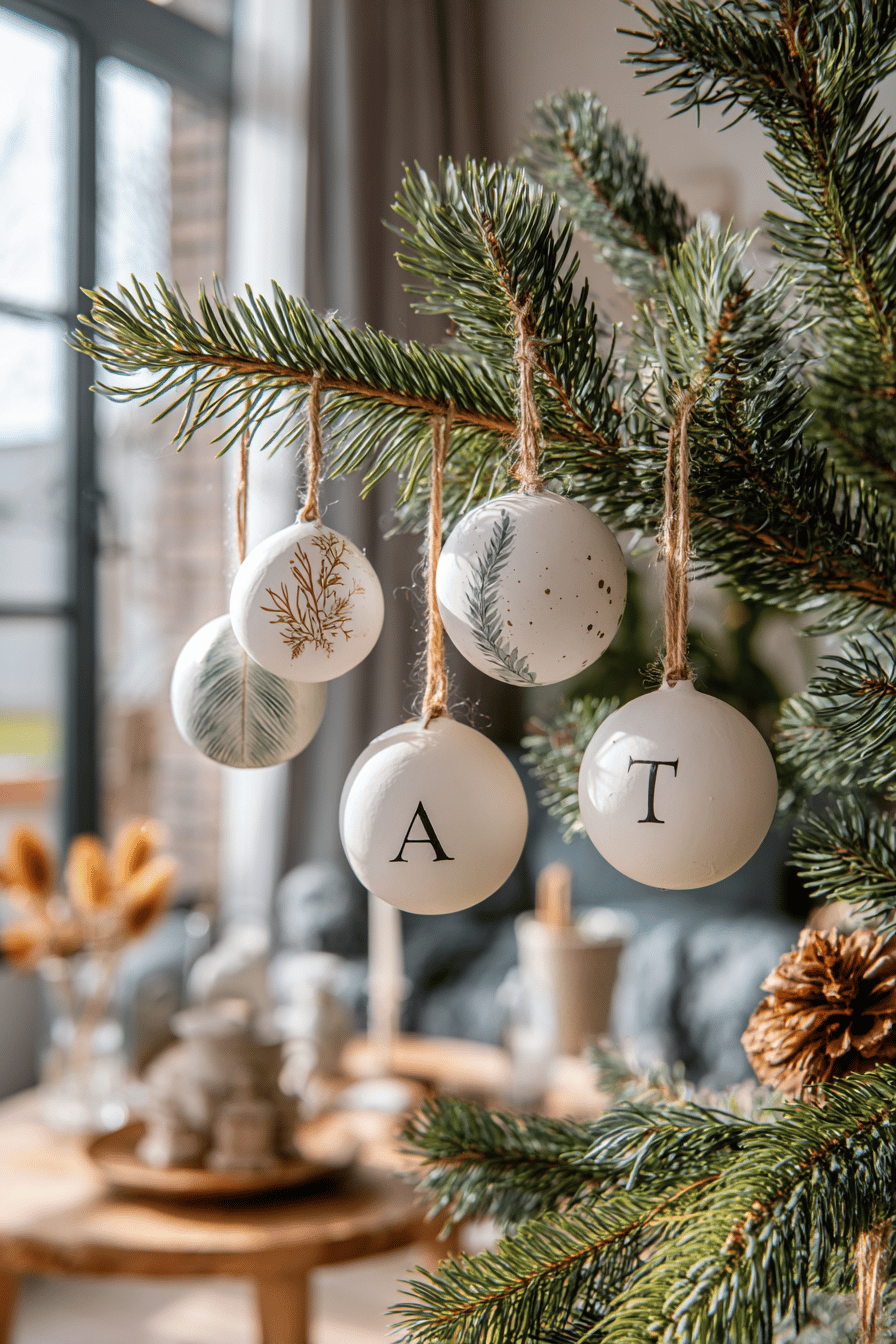 Weihnachtskugeln mit persönlichen Initialen und botanischen Motiven an einem Weihnachtsbaum.