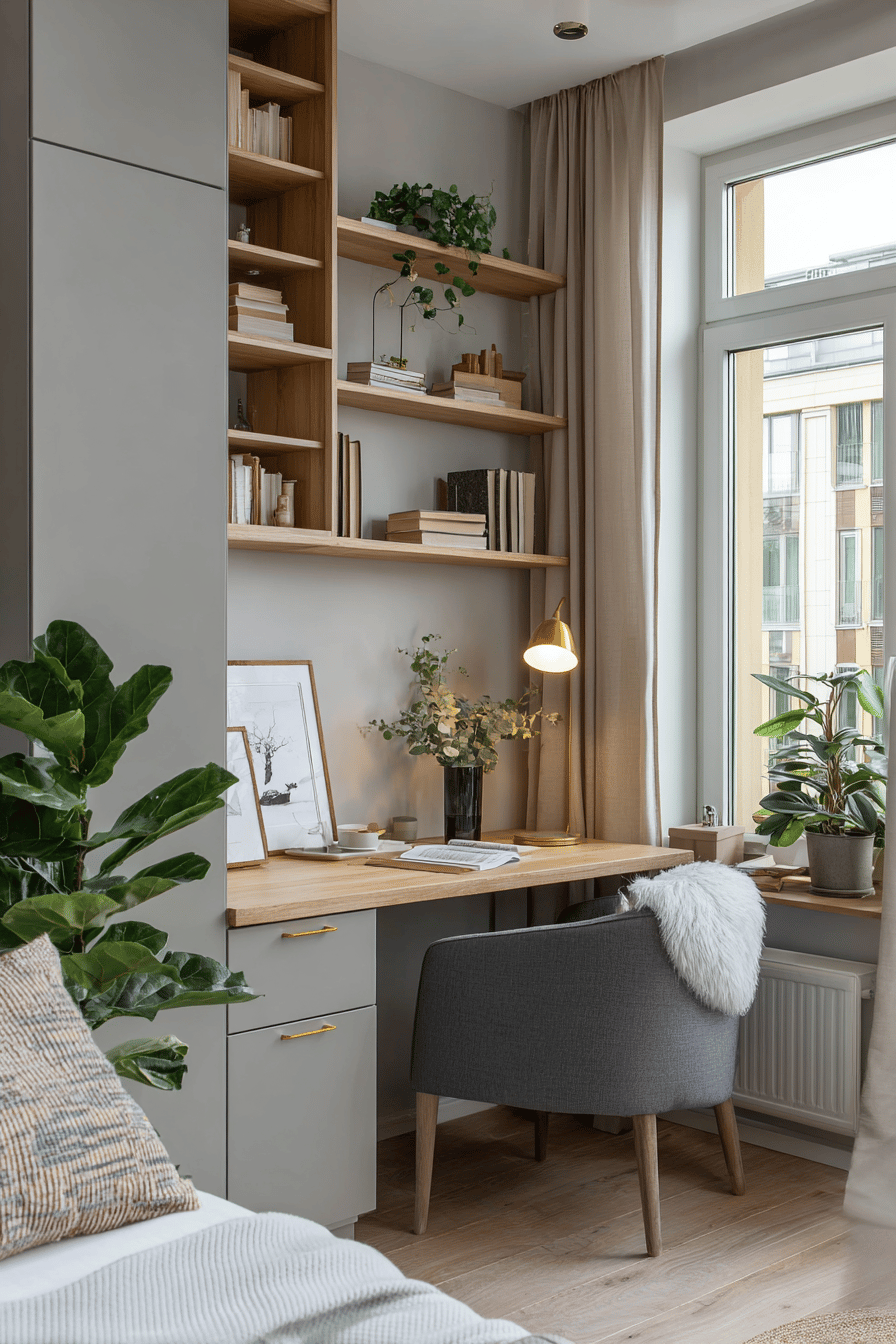 Ein kleiner, gemütlicher Raum mit einem in die Wand integrierten platzsparenden Schreibtisch, umgeben von Regalen.