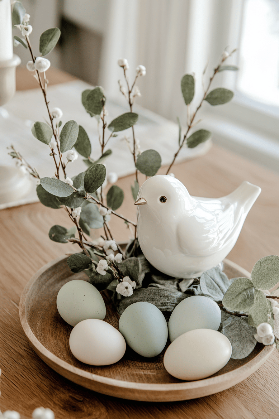 Ein Porzellanvogel mit Eiern und Zweigen auf einem Holzteller.