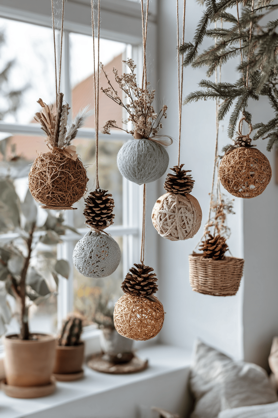 Verschiedene recycelte und upgecycelte Weihnachtsdekorationen wie Kiefernzapfen und Schnurbälle.