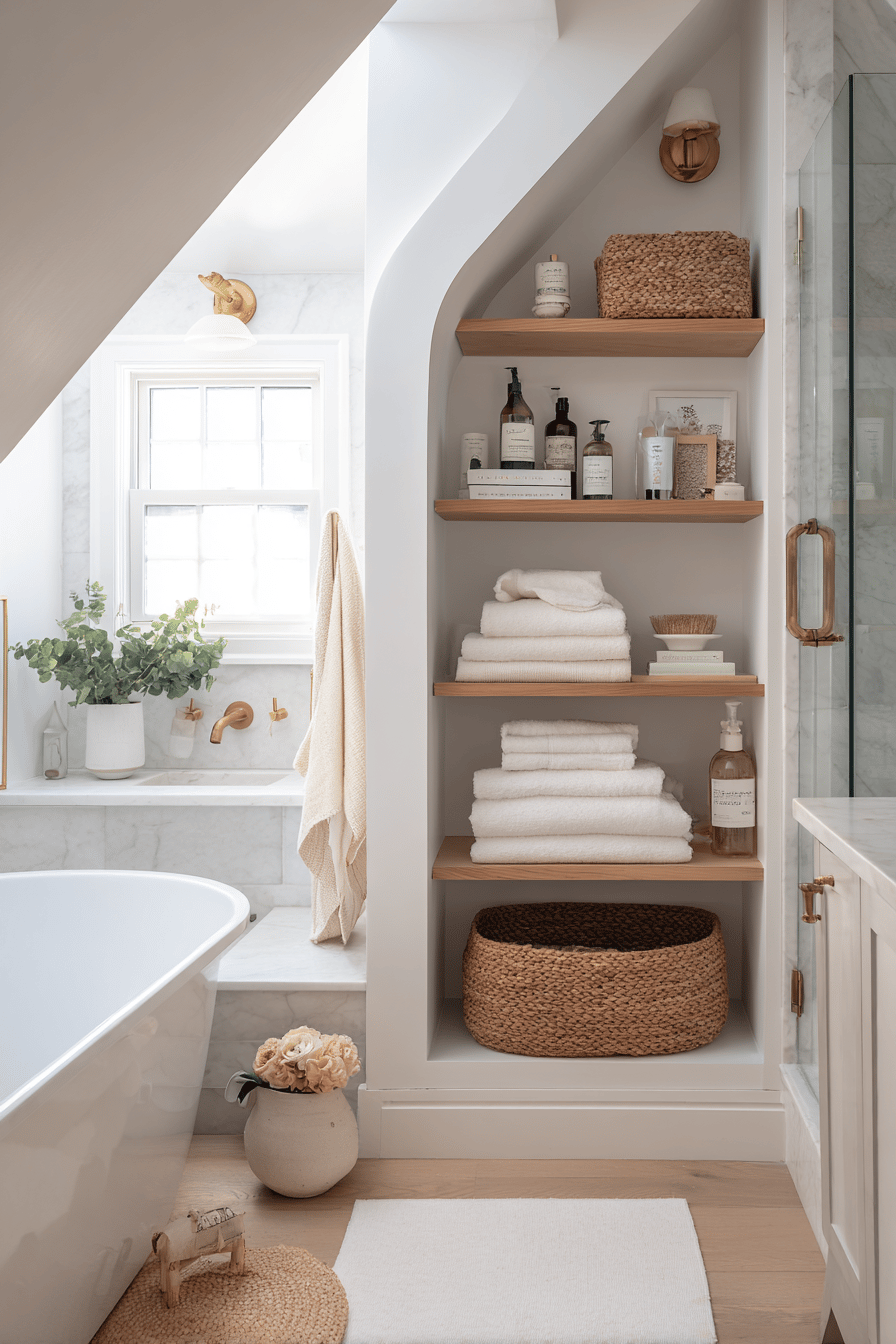Offene Holzregale mit Handtüchern und Pflegeprodukten in einer Dachschräge im Badezimmer