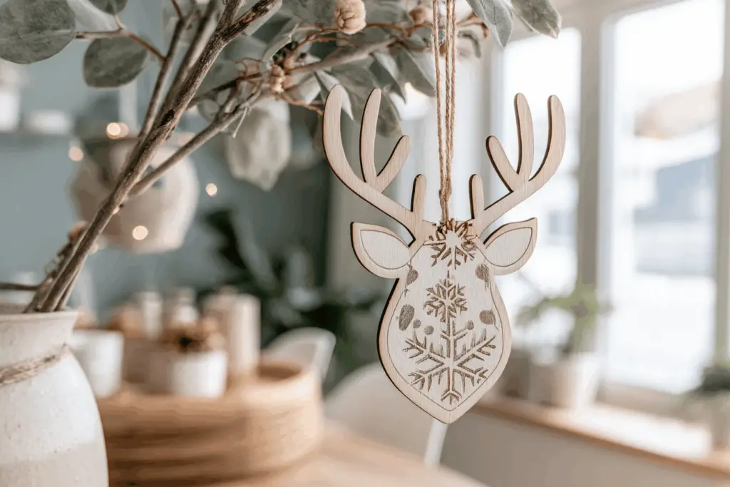 Holzanhänger in Form eines Rentierkopfs mit Schneeflockenmotiv