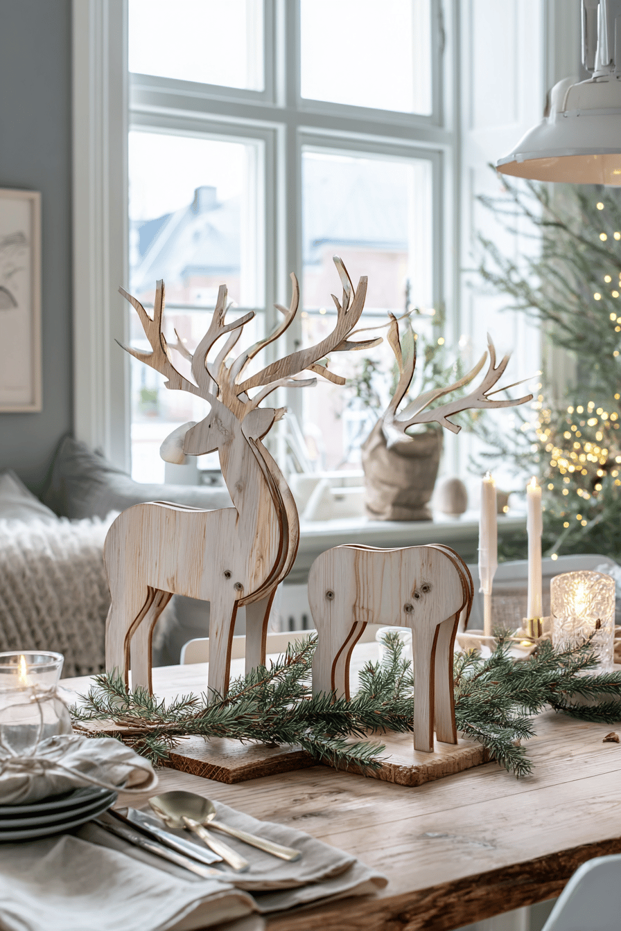 Zwei dekorative Rentierfiguren aus hellem Holz auf einem weihnachtlich gedeckten Tisch