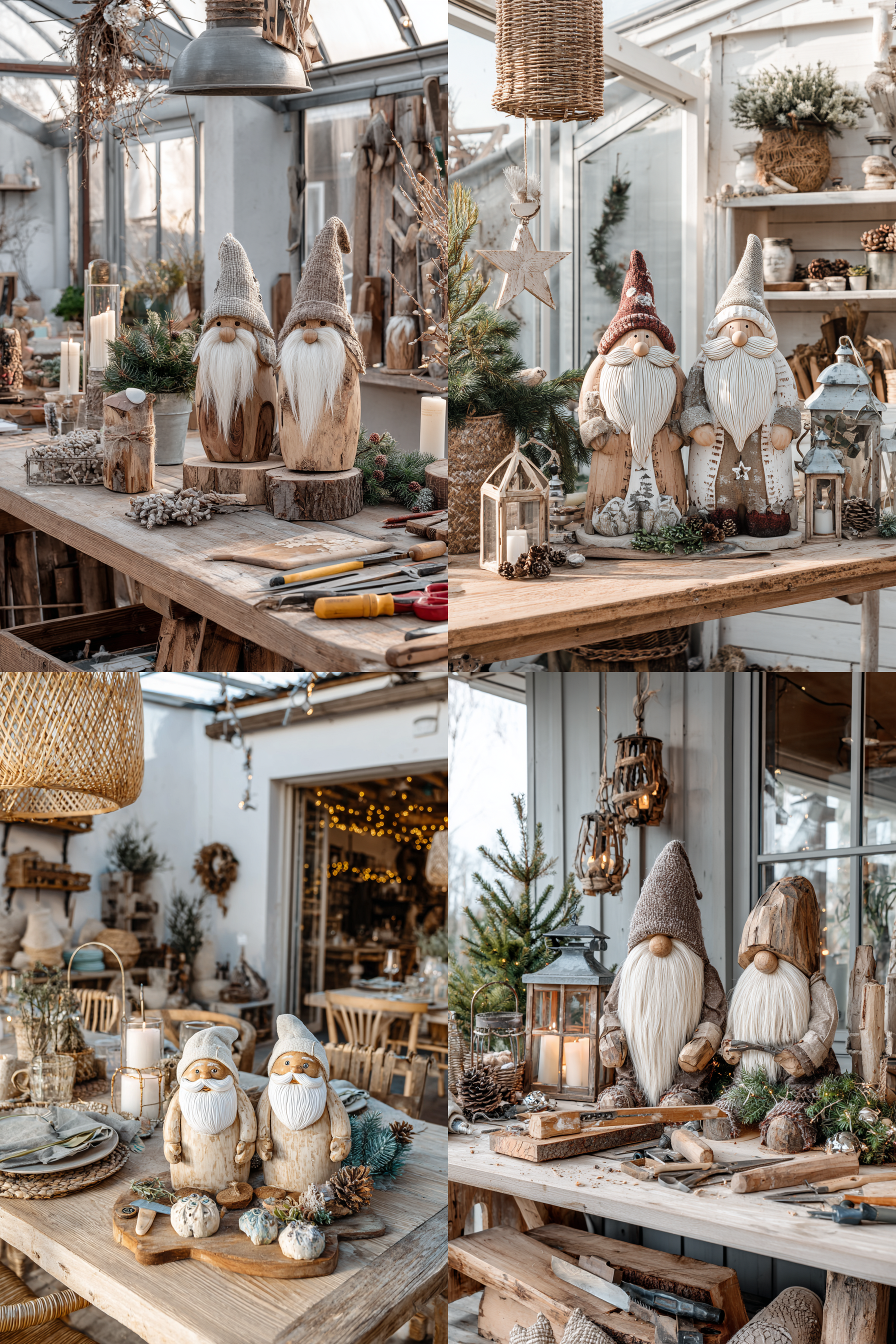 Rustikale Holz-Weihnachtsmänner in einer Werkstatt mit Weihnachtsdekoration.