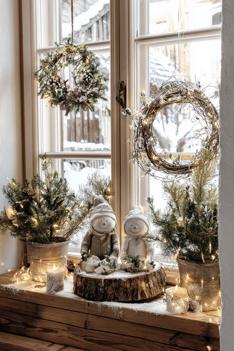 Zwei rustikale Schneemann-Holzfiguren mit winterlicher Dekoration und Lichterketten an einem Fenster.