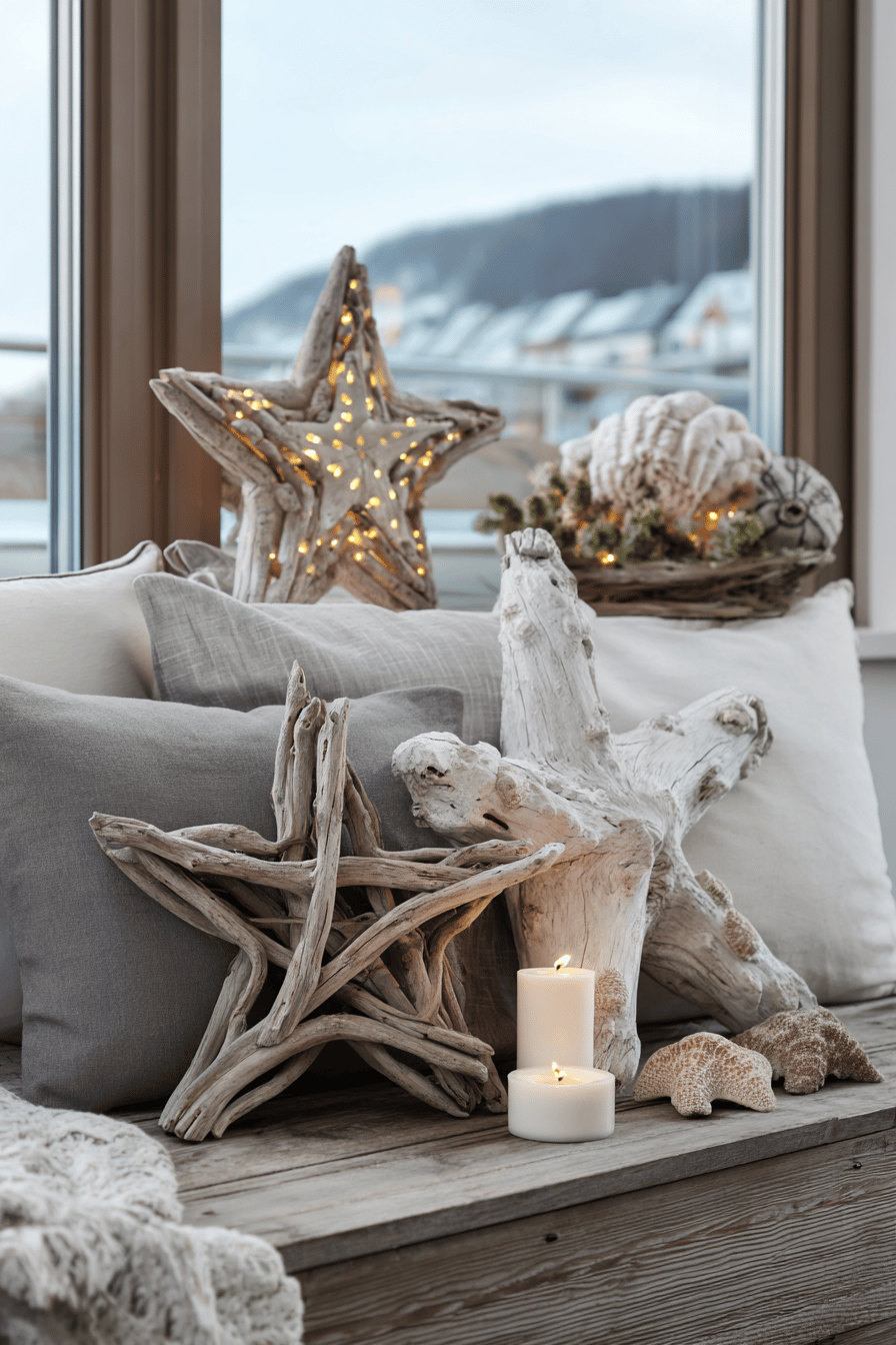 Rustikale Holzsterne aus Treibholz, dekoriert mit Lichterketten und Kerzen in einem gemütlichen Ambiente.