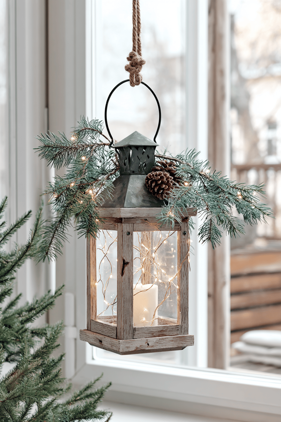Rustikale Laterne dekoriert mit Tannenzweigen und einer warmweißen Lichterkette.