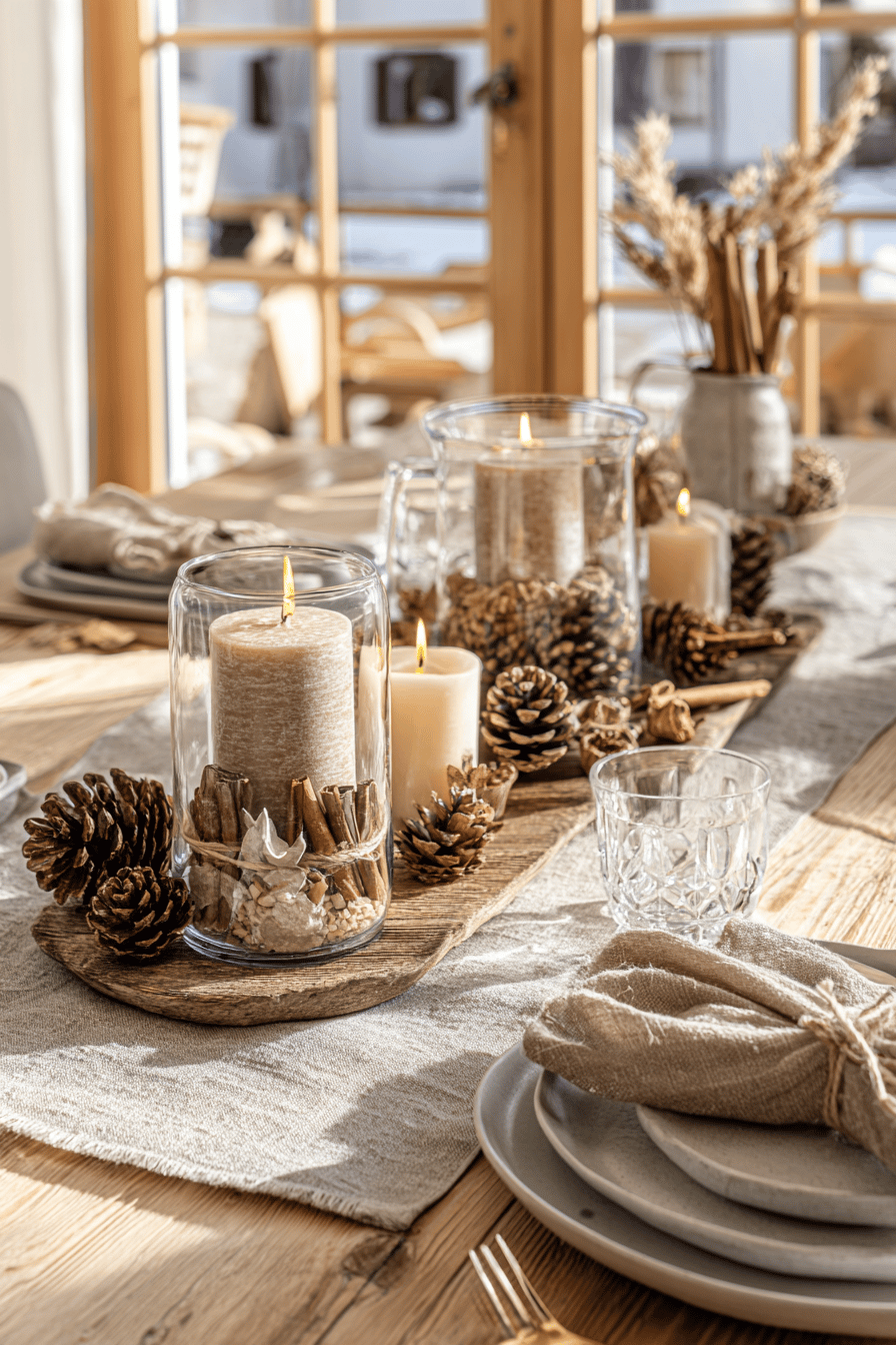 Rustikale Tischdekoration mit Kerzen, Tannenzapfen und Zimtstangen auf Holztisch.