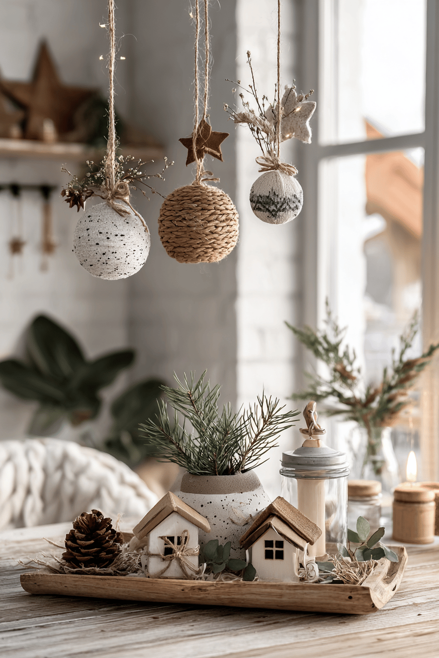 Rustikale Weihnachtsdekoration mit hängenden Kugeln und Holzhäusern.