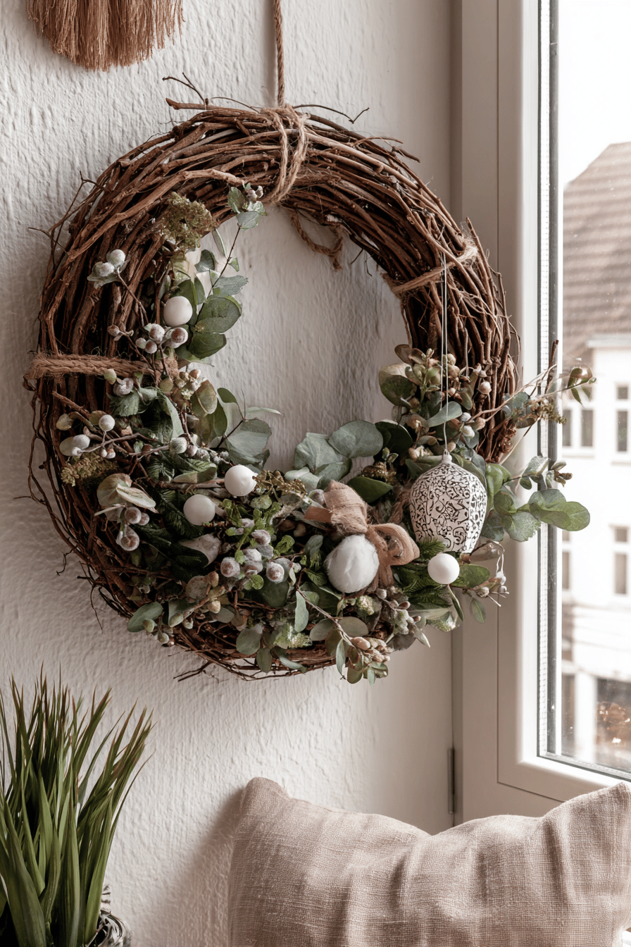 Ein rustikaler Weihnachtskranz aus Ästen, dekoriert mit natürlichen Elementen wie Blättern und weißen Kugeln, hängt an einer Wand.