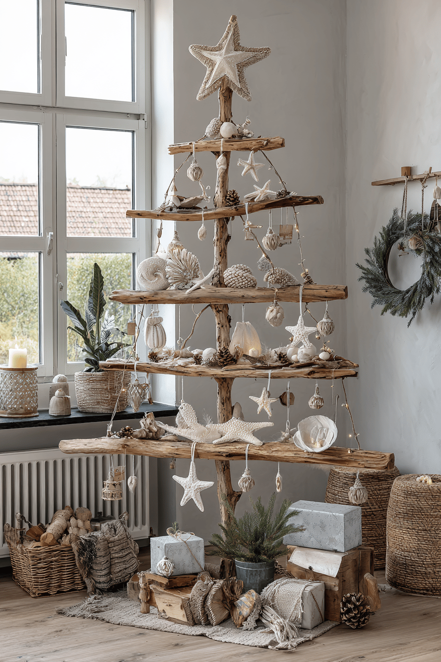 Ein rustikaler Weihnachtsbaum aus Holz mit natürlichen Dekorationen und Geschenken.
