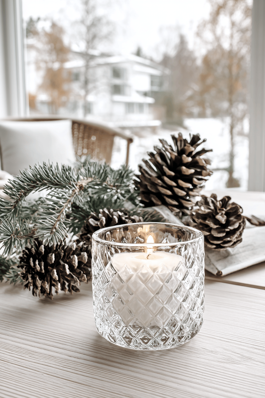Ein Teelicht in einem dekorativen Glas, umgeben von Tannenzapfen und einem Tannenzweig mit verschneiter Landschaft im Hintergrund.