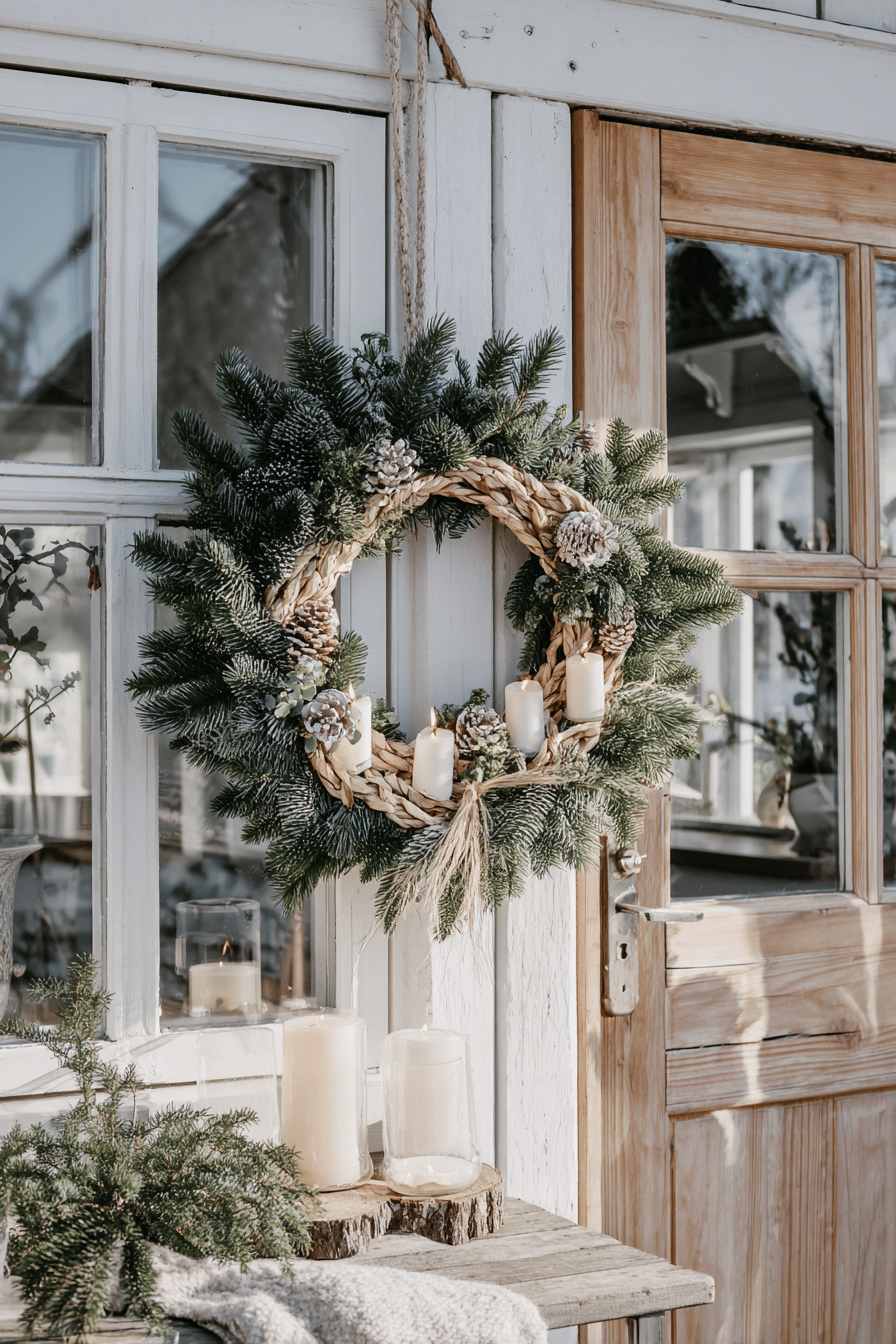 Ein skandinavisch inspirierter Türkranz mit Tannenzweigen, Kerzen und natürlichen Details.