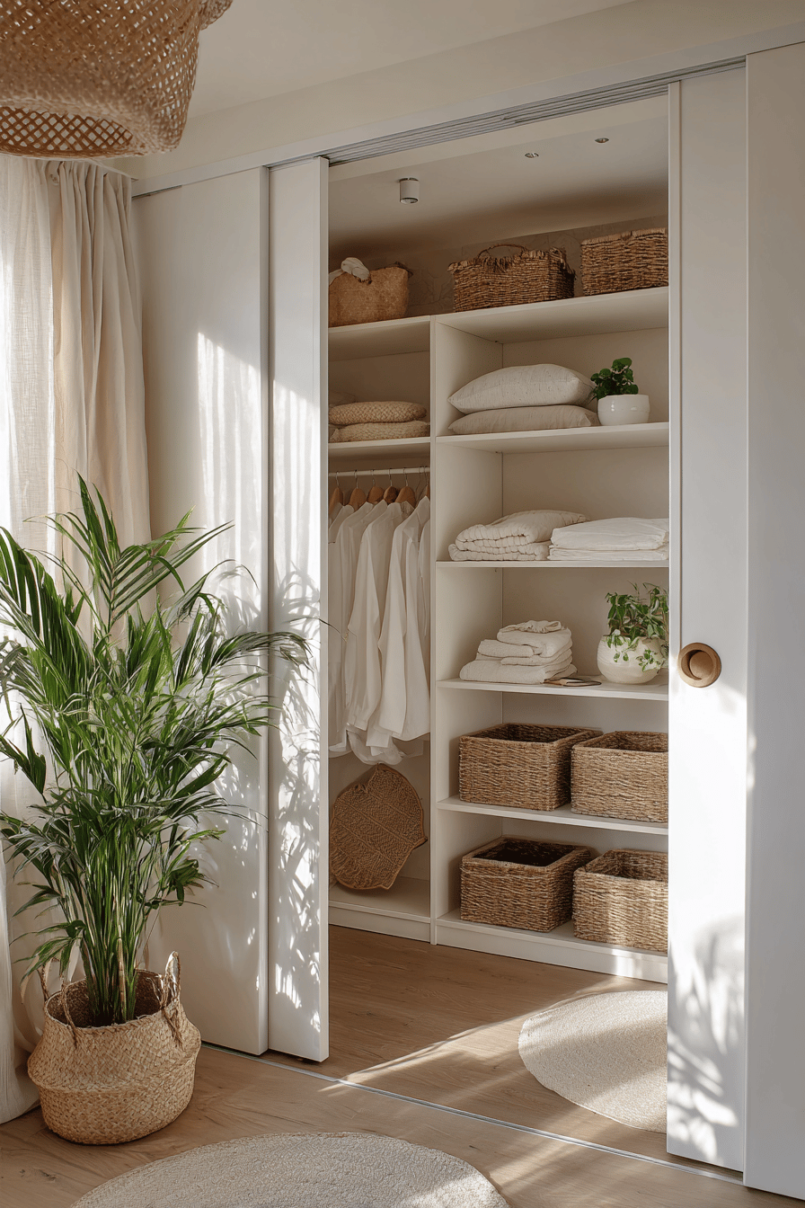 Ein Schrank mit weißen Schiebetüren, gefüllt mit ordentlich gefalteten Textilien und Körben.