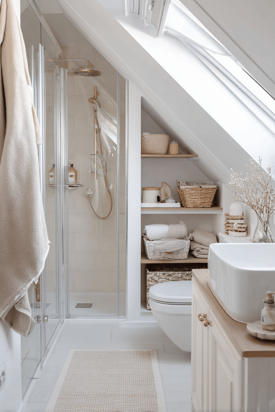 Modernes Badezimmer mit clever genutztem Stauraum unter einer Dachschräge