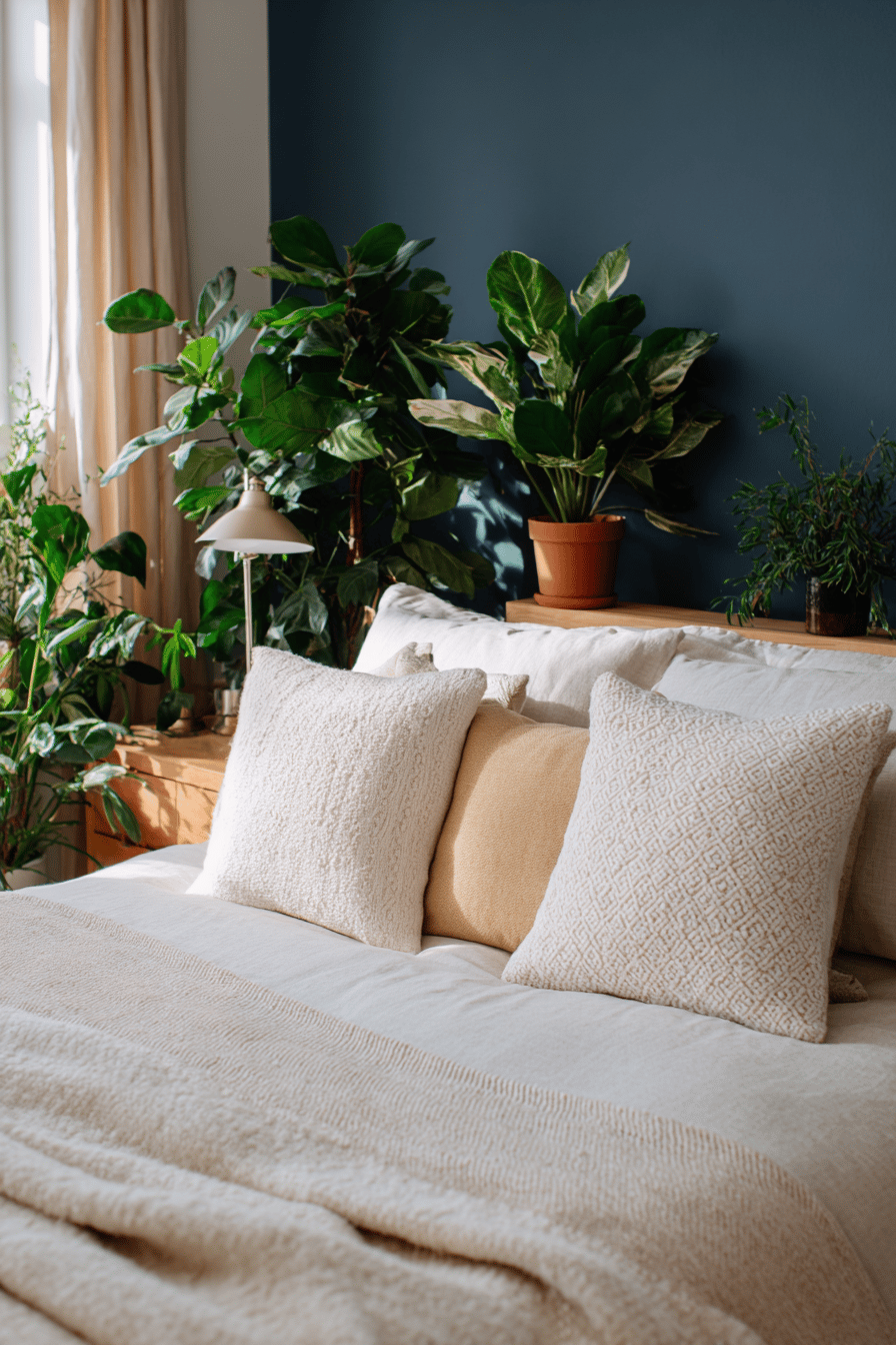Beiges Bett vor dunkelblauer Wand und umgeben von Zimmerpflanzen