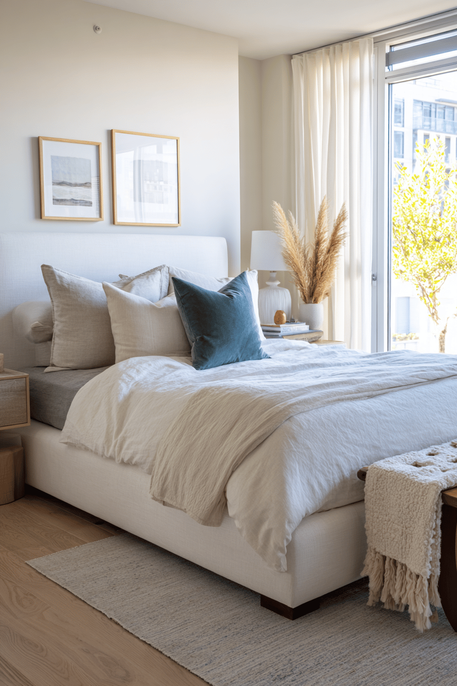 Helles Schlafzimmer mit cremefarbener Bettwäsche und dunkelblauem Zierkissen