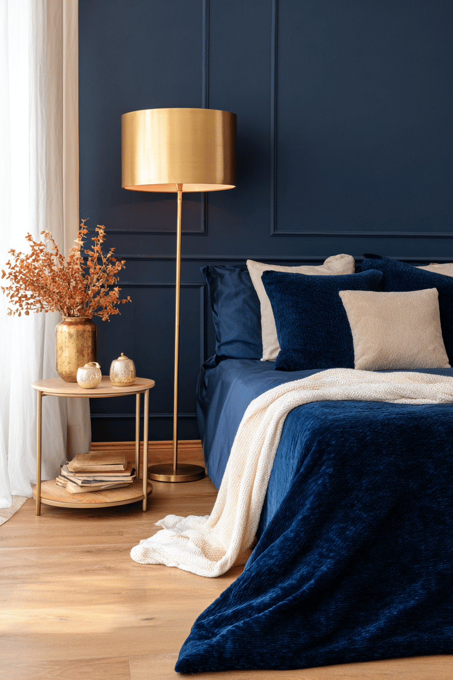 Nachttisch mit goldener Stehlampe neben dunkelblauem Bett