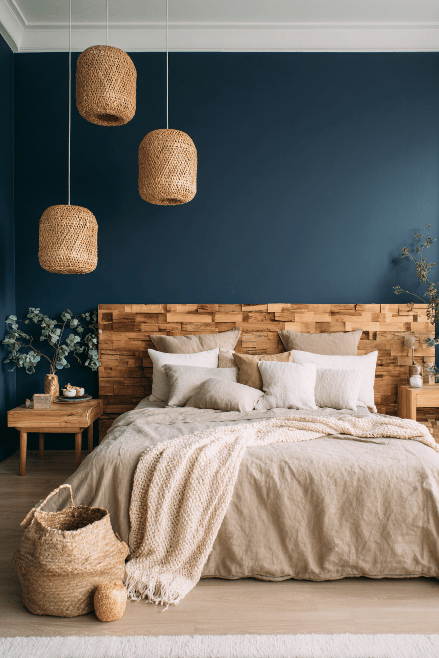 Schlafzimmer in Dunkelblau mit Bett und Nachttisch aus hellem Holz