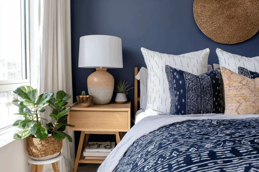 modernes Schlafzimmer mit dunkelblauer Wand, Holz-Nachttisch und Deko-Kissen