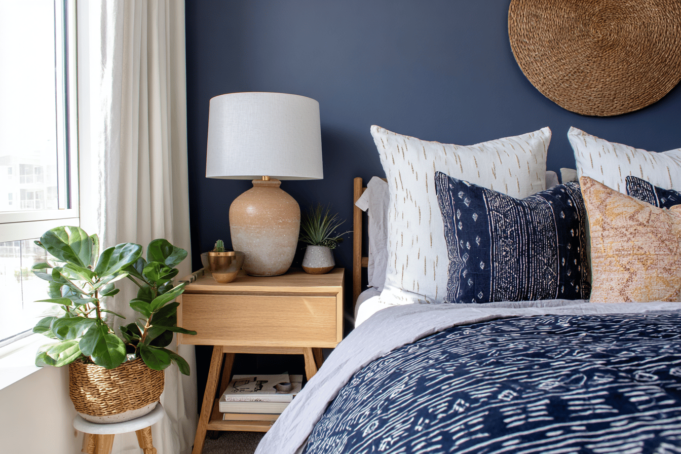 modernes Schlafzimmer mit dunkelblauer Wand, Holz-Nachttisch und Deko-Kissen