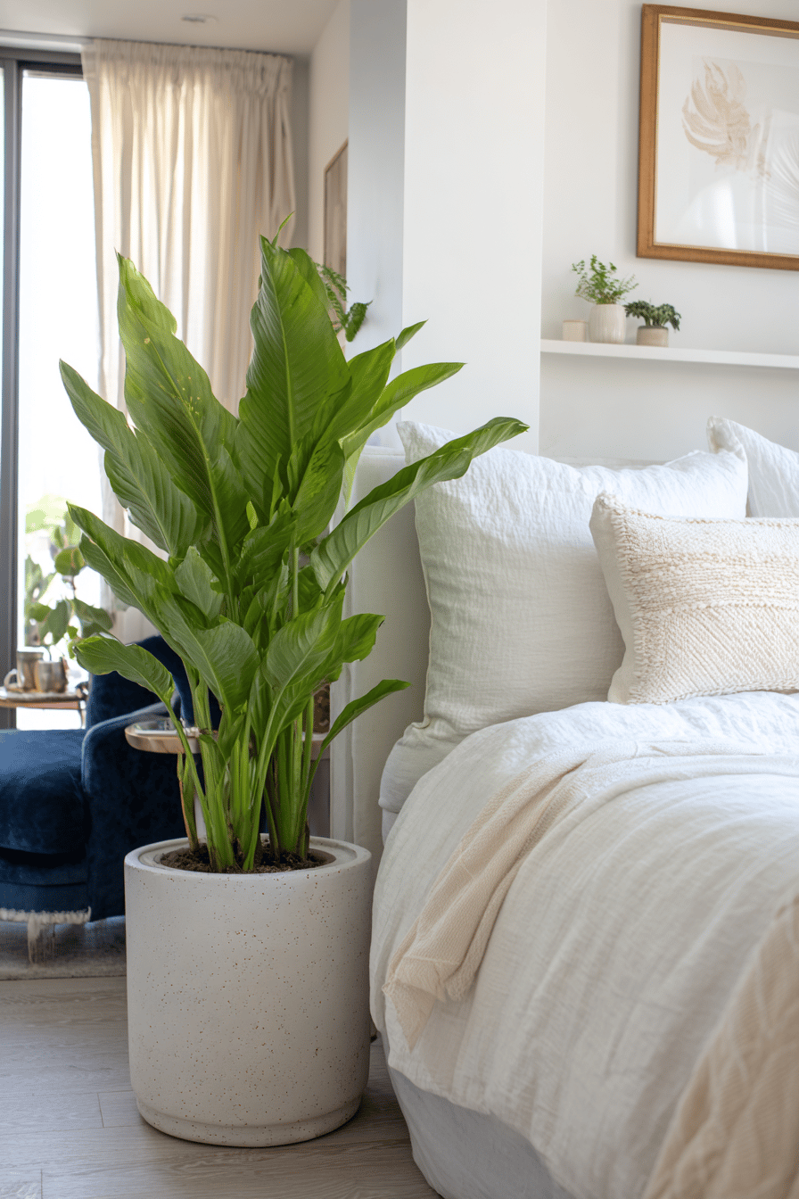 Grüne Zimmerpflanze im großen Topf neben einem Bett mit heller Bettwäsche