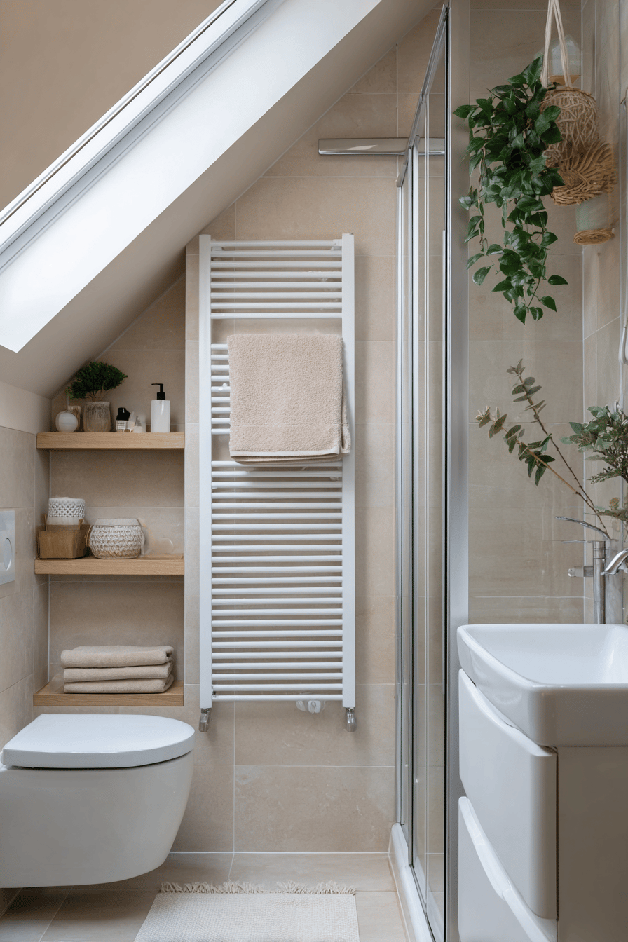 Kleines Bad mit Dachschräge und weißem Handtuchheizkörper an der Wand