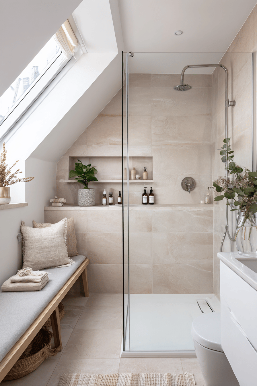 Minimalistische Dusche mit Holzsitzbank unter Dachschräge und beigen Fliesen