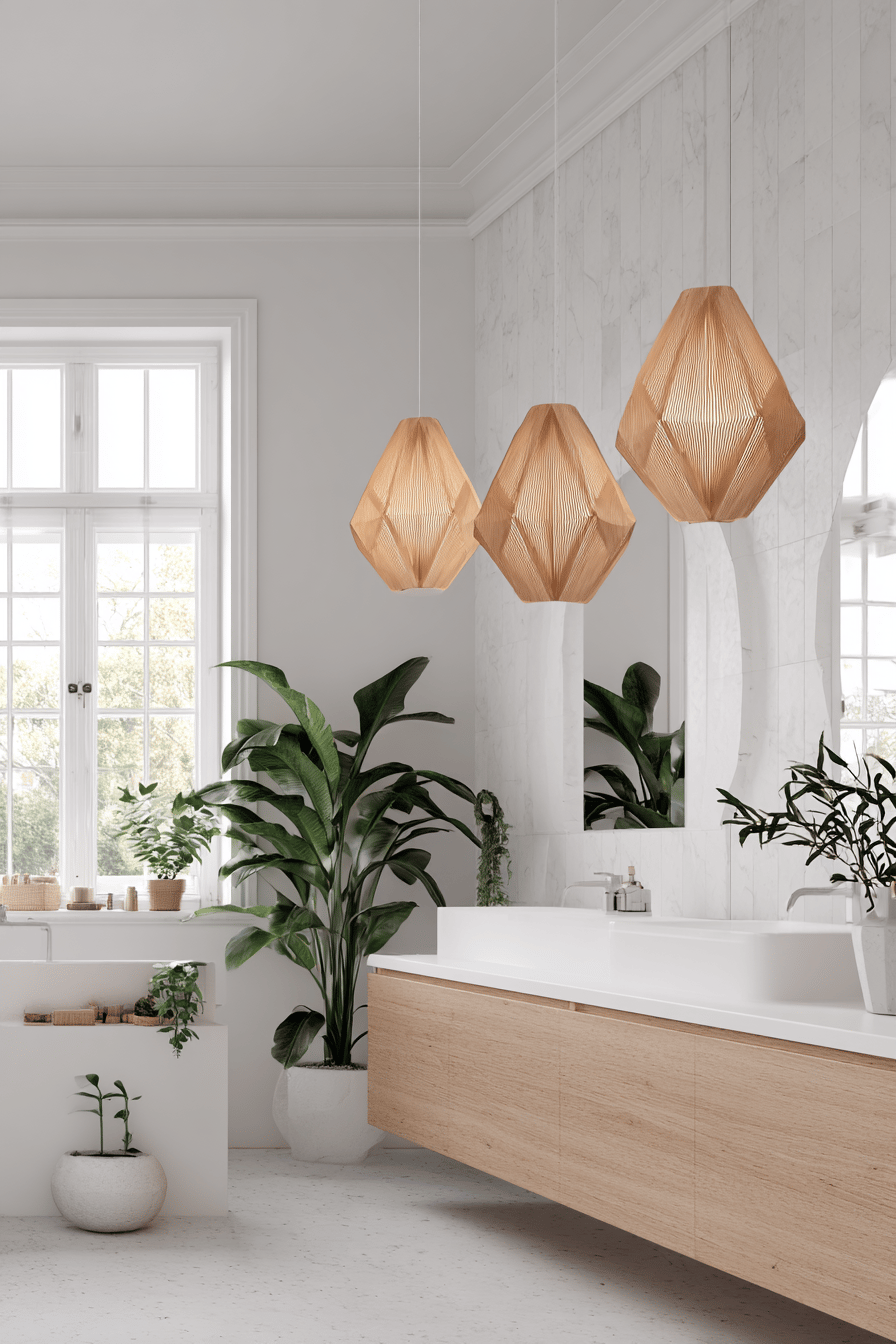 Holzpendelleuchten über einem weißen Waschtisch in einem skandinavischen Badezimmer mit Pflanzen