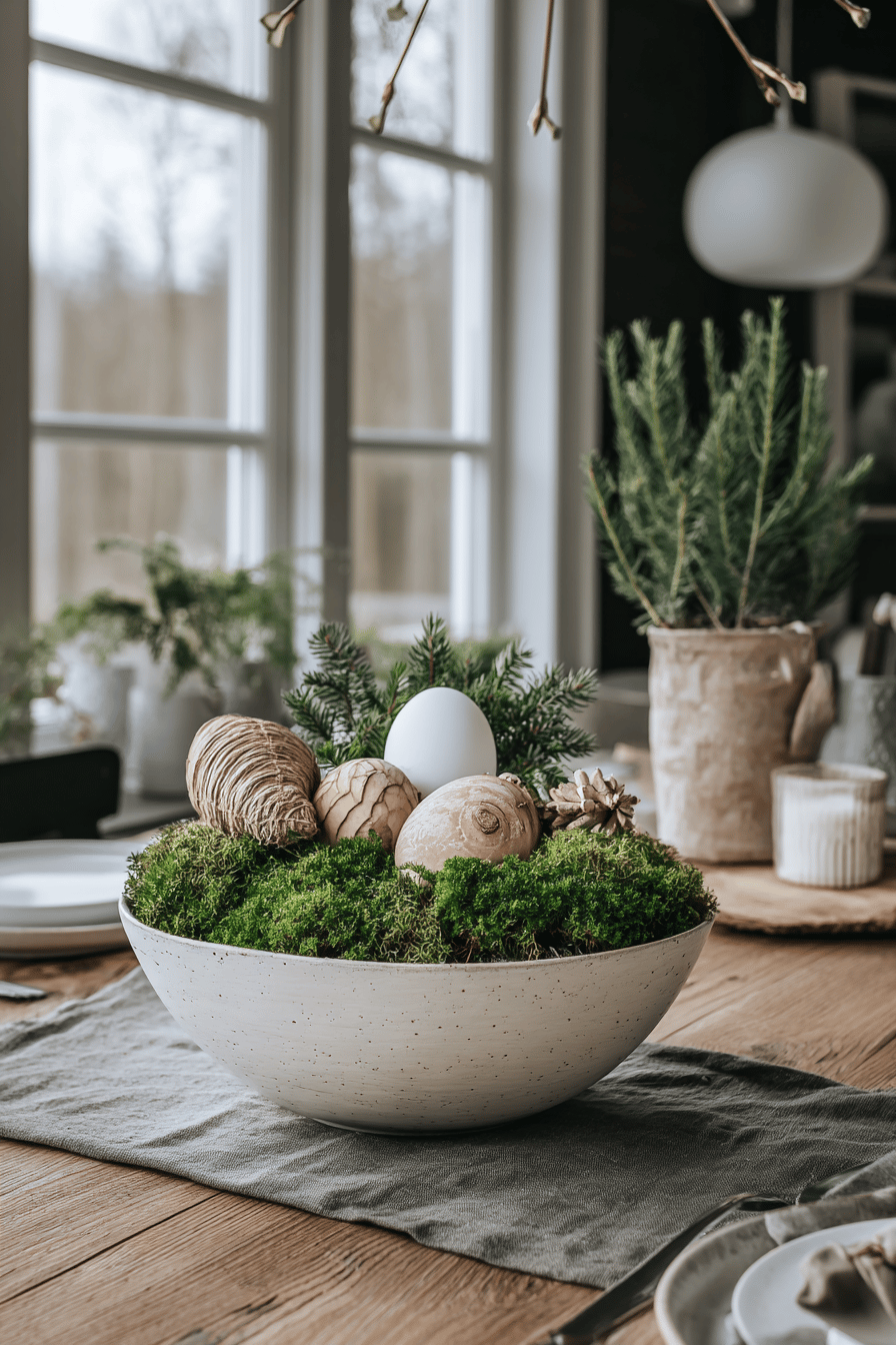 Eine Tischdekoration mit grünen Mooskugeln und natürlichen Elementen in einer Schale, umgeben von nordischem Ambiente.