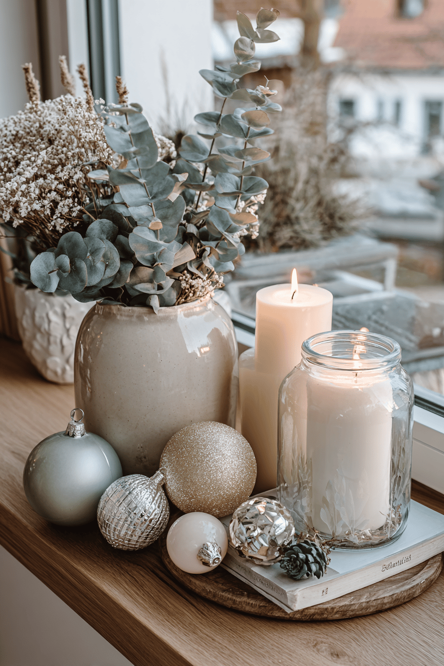 Skandinavische Weihnachtsdeko mit Kerzen, Eukalyptus und Kugeln auf einer Fensterbank.