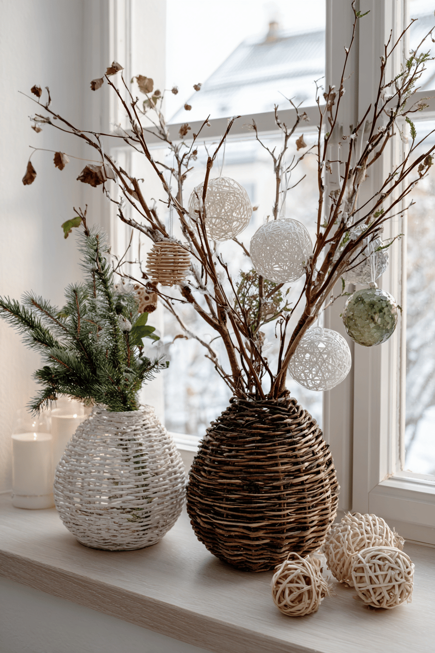 Zwei schlichte Vasen mit Zweigen und Weihnachtsdekoration auf einer Fensterbank.