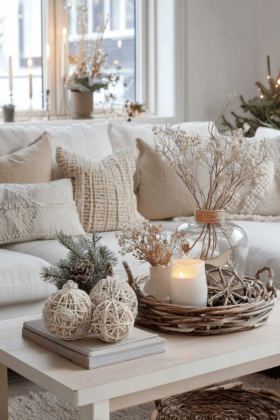 Skandinavisch dekoriertes Wohnzimmer mit Kerzen und natürlichen Elementen.