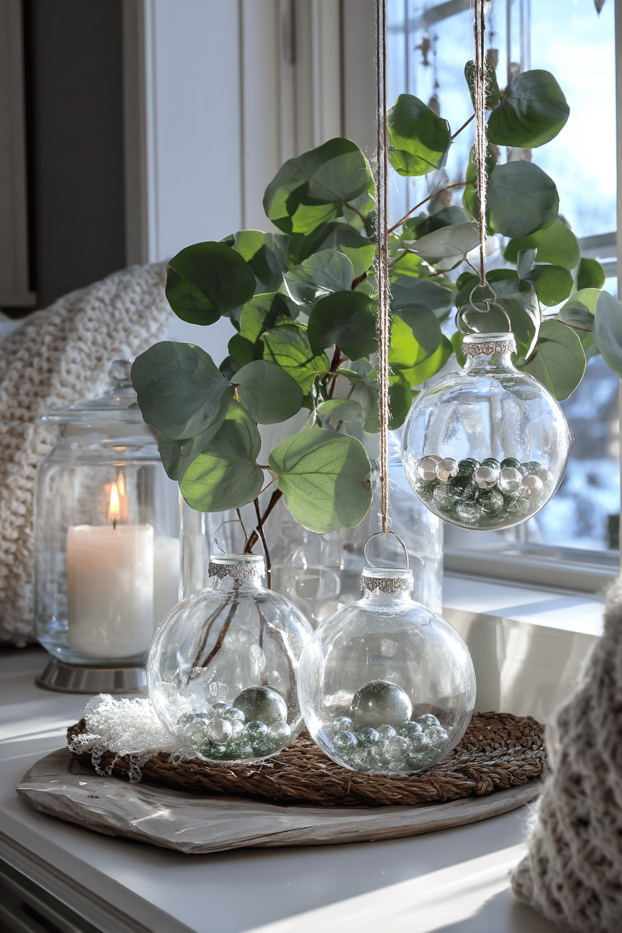 Skandinavische Glaskugeln mit Perlen, hängend vor grünem Blattwerk und Kerze.