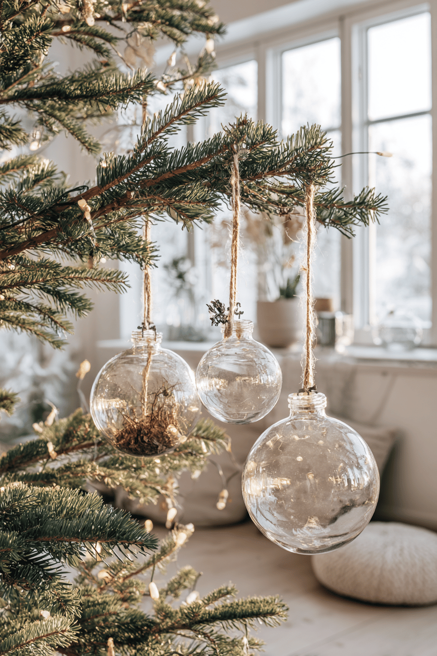 Skandinavische Glasornamente an einem Weihnachtsbaumzweig in einem hellen Raum.