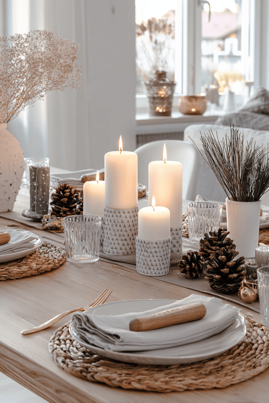 Skandinavische Tischdekoration mit weißen Kerzen und natürlichen Elementen.
