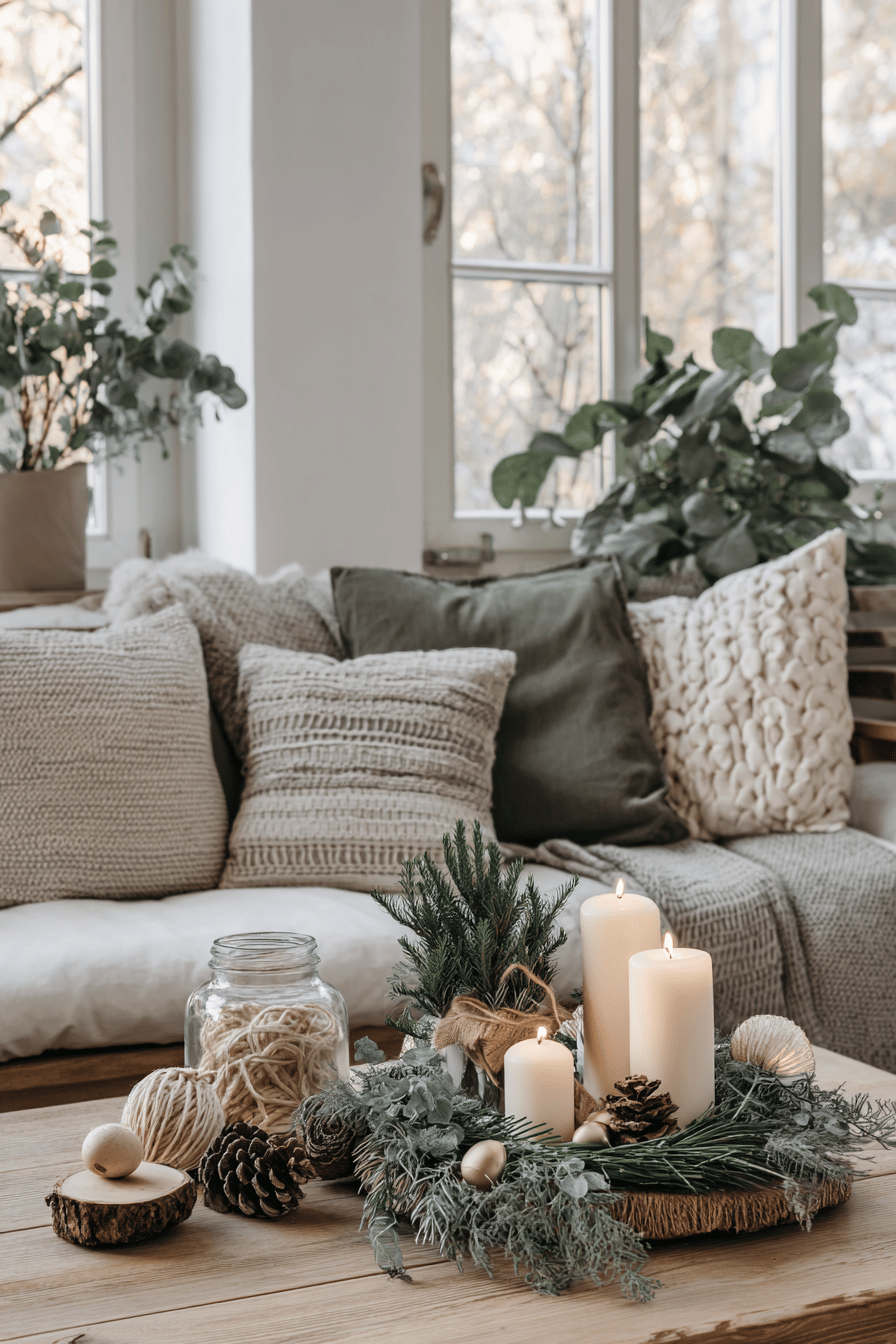 Skandinavisch inspirierte Weihnachtsdekoration mit weißen Kerzen, grünem Kranz und natürlichen Elementen auf einem Holztisch.