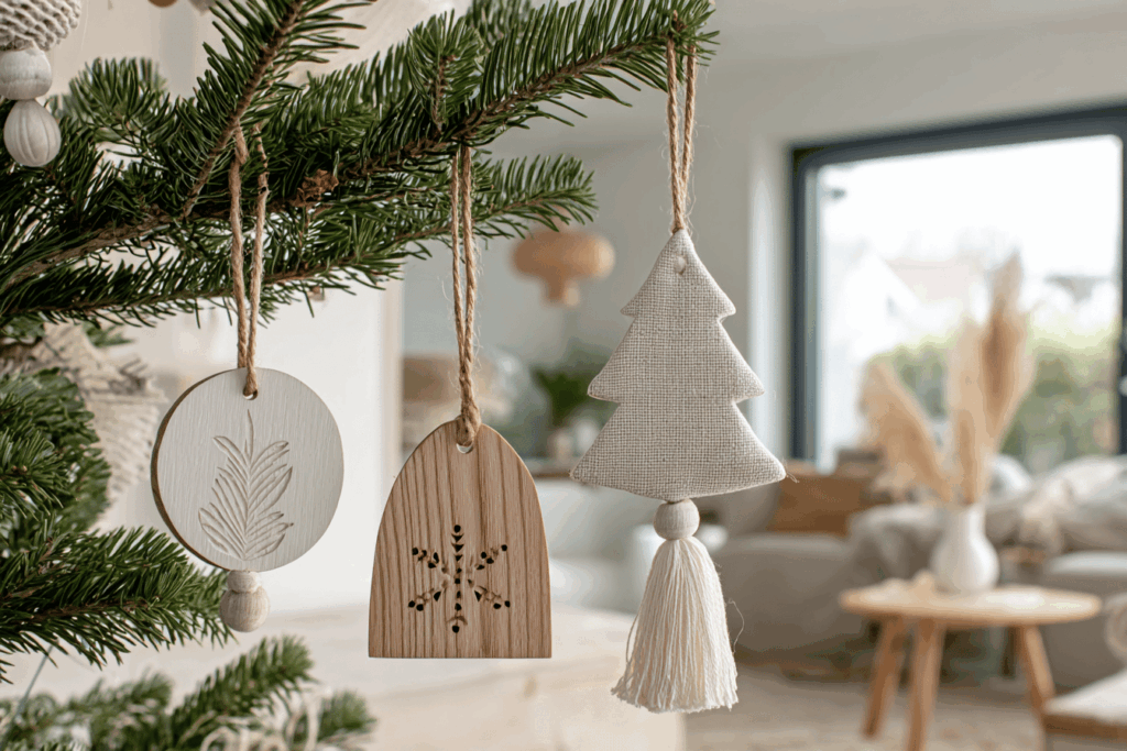 Holz- und Stoffanhänger im skandinavischen Stil am Weihnachtsbaum