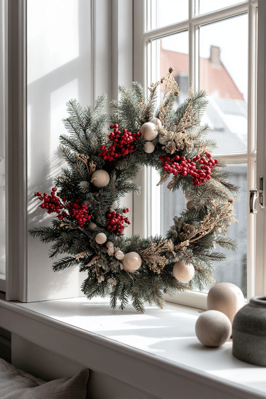 Ein skandinavischer Weihnachtskranz mit roten Beeren und Tannenzweigen auf einem Fensterbrett.