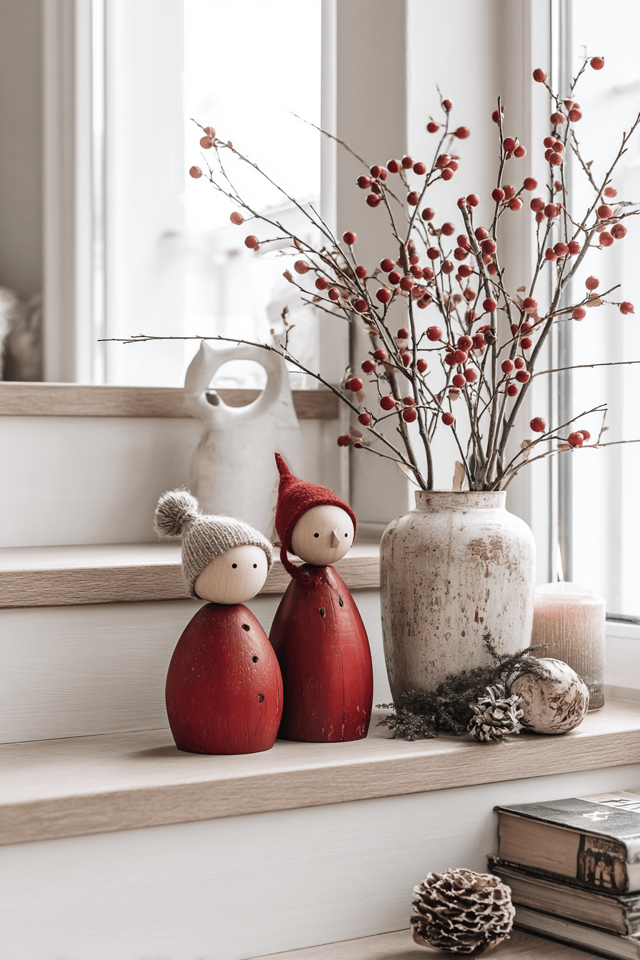 Zwei rote Holzfiguren mit Mützen und ein dekoratives Arrangement auf einer Treppe.