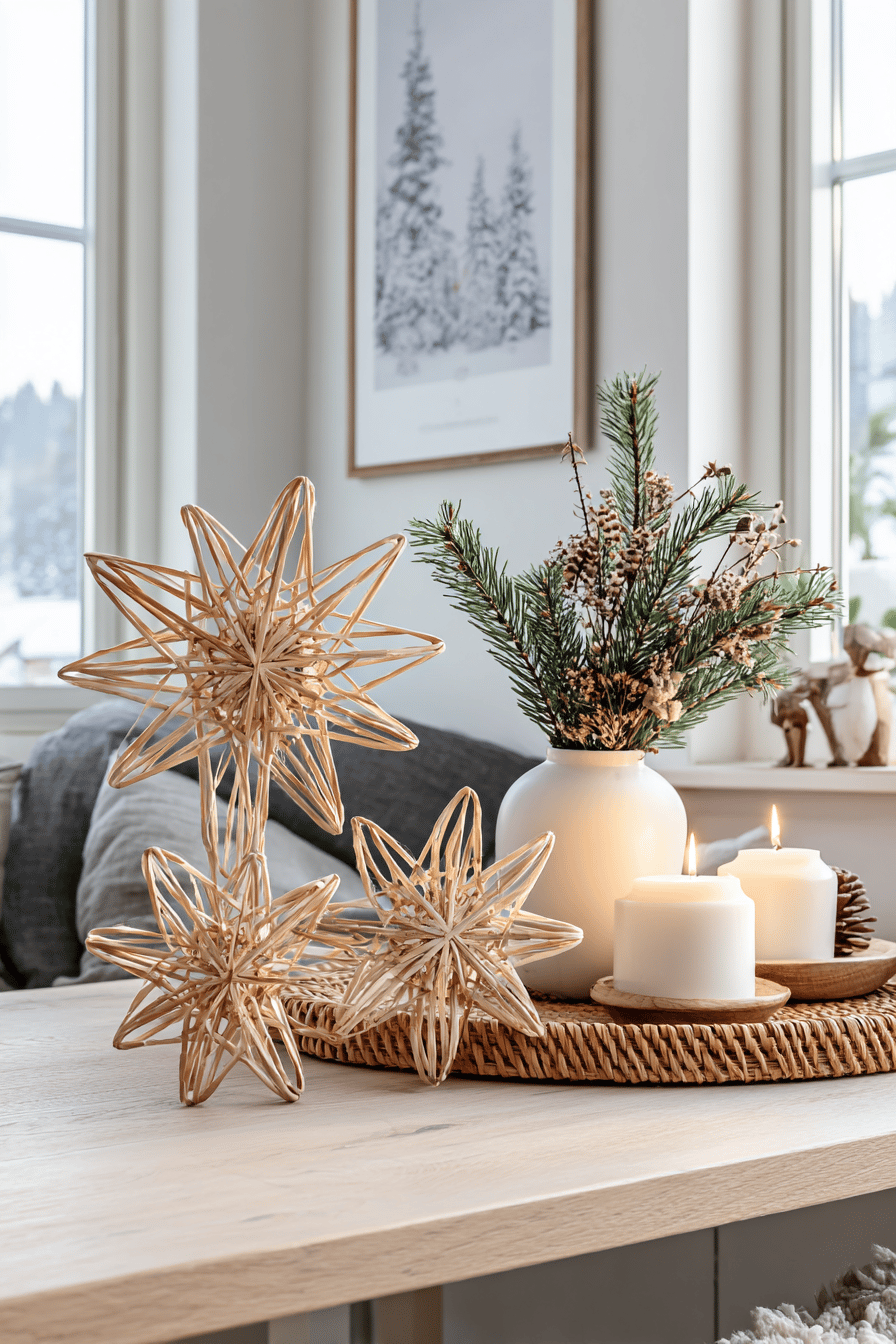 Kreativer Weihnachtstisch mit skandinavischen Strohsternen und Kerzen.