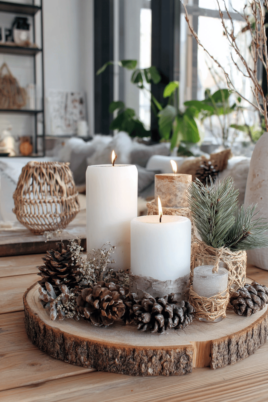 Kerzenarrangement mit Tannenzapfen und Naturmaterialien auf Holzscheibe.