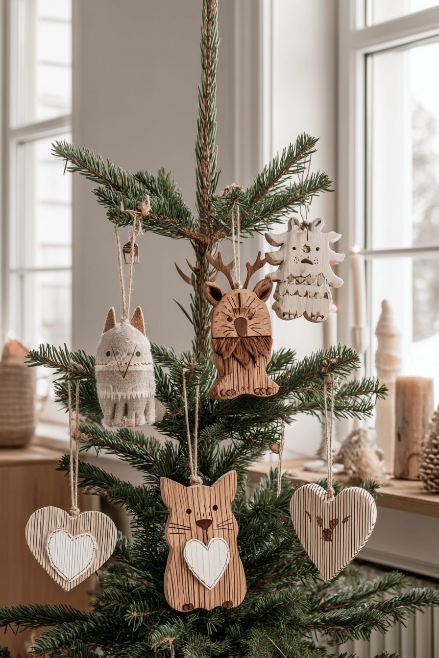 Holzanhänger in Tierformen hängen an einem kleinen Weihnachtsbaum und verleihen ihm einen skandinavischen Charme.